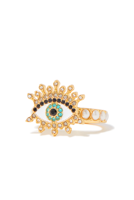 Crystal Signature Evil Eye Pearl Cocktail Ring, Brass & Glass Pearl, Glass Crystal, Enamel
